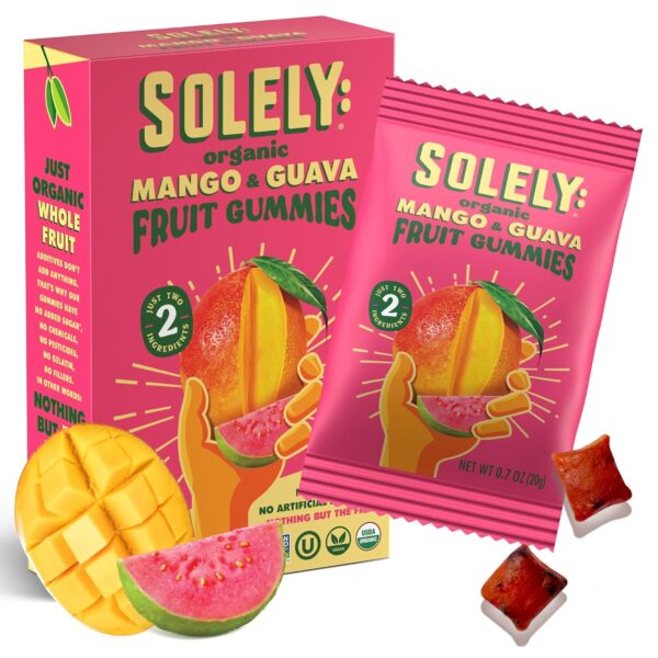 SOLELY - Organic Mango & Guava Whole Fruit Gummies (1 Box, 5 Single Serving Bags per Box) - Real Fresh Fruit - Healthy Snacks for Adults & Kids - Non GMO, Vegan Snacks, Shelf Stable - 5 Bags (3.5 oz)