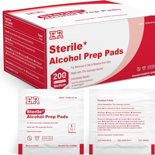 Ever Ready First Aid Alcohol Prep Pads, Medium 2-Ply Alcohol Wipes, individually wrapped Swabs, Saturated With 70% Isopropyl Alcohol - 200 Count