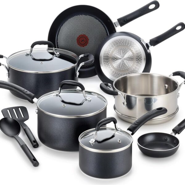 T-fal Experience Nonstick Cookware Set 12 Piece, Induction, Oven Broiler Safe 350F, Kitchen Cooking Set w/Fry Pans, Saucepan, Stockpot, Kitchen Utensils, Pots and Pans, Dishwasher Safe, Black