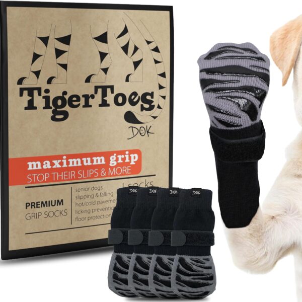 DOK TigerToes Premium Non-Slip Dog Socks for Hardwood Floors - Extra-Thick Grip that Works Even When Twisted - Prevents Licking, Slipping, and Great for Dog Paw Protection - Size Large
