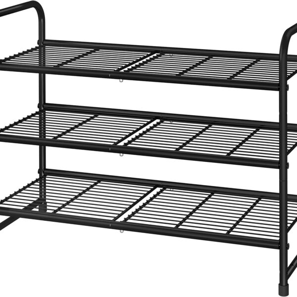 Simple Trending 3-Tier Stackable Shoe Rack, Expandable & Adjustable Shoe Shelf Storage Organizer, Wire Grid, Black