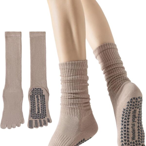 Yawlsow Pilates Grip Socks for Women Five Toe Yoga Slouchy Non Slip Socks For Barre Barefoot Fitness Hospital Home