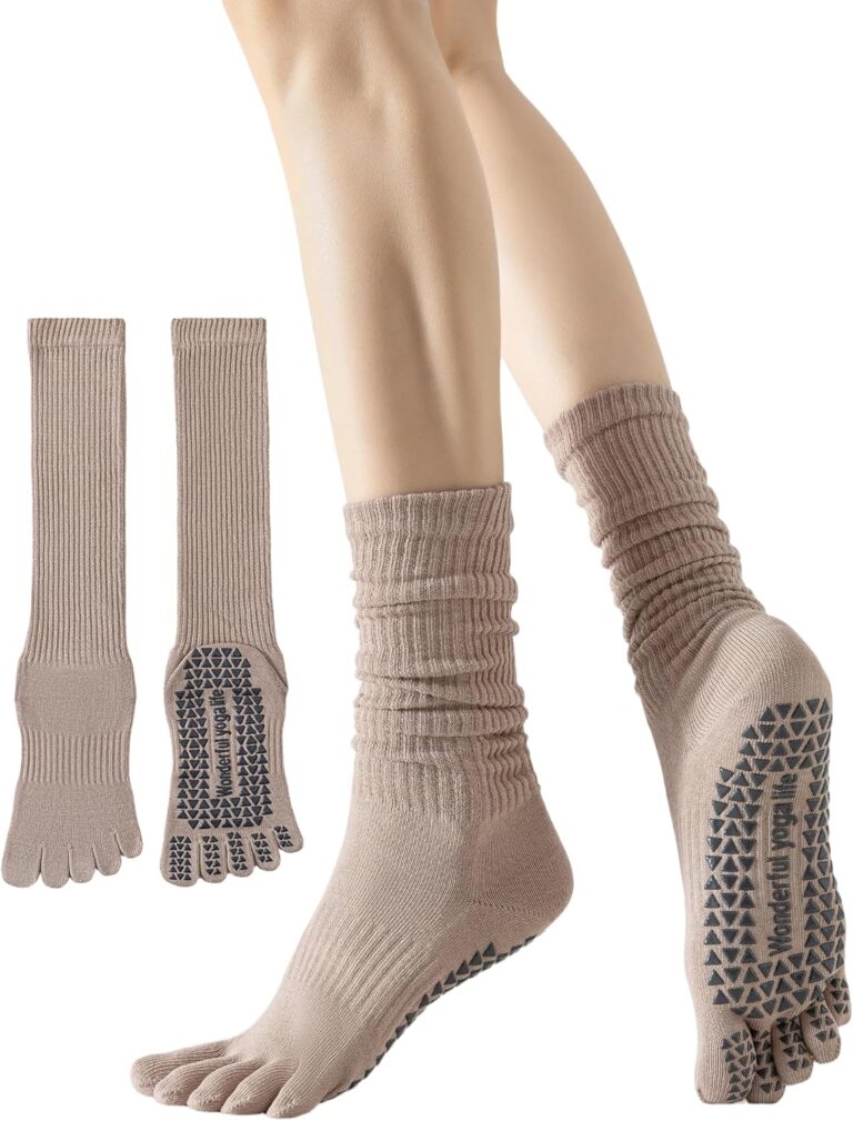 Yawlsow Pilates Grip Socks for Women Five Toe Yoga Slouchy Non Slip Socks For Barre Barefoot Fitness Hospital Home