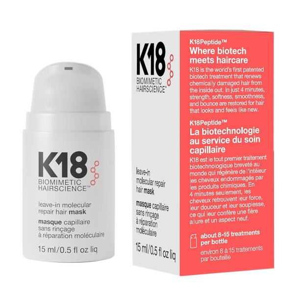 K18 Leave-In Molecular Repair Hair Mask, Patented, Lasting Repair For Dry, Frizzy, Damaged Hair, Reverse Damage In 4 Minutes From Bleach, Color, Chemical Services + Heat