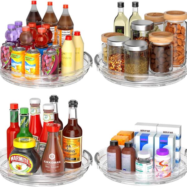 Clear Lazy Susan Organizer Turntable for Cabinet Table Top, 9.25 Inch 4 Pack 360 Rotating Spinning Makeup Organizer for Vanity, Kitchen Storage Rack Heavy-Duty Pantry Spices Tray Countertop Organizer