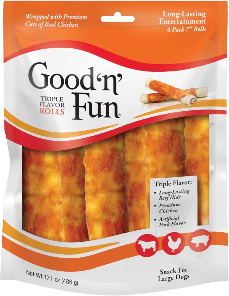 Good n Fun Triple Flavor Rolls for Large Dogs, Treat Your Dog to Long-Lasting Chews Made with Real Beef Hide and Chicken, 6 Count