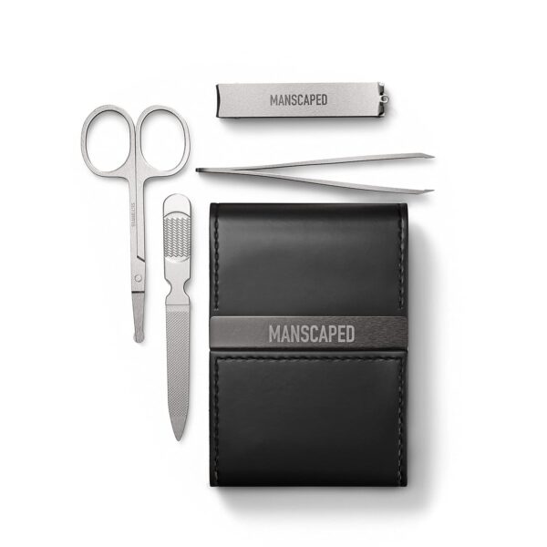 MANSCAPED Shears 2.0 Tempered Stainless Steel Men's Nail Kit, Fingernail Clippers, Safety Scissors, Tweezers and Nail File, Travel Manicure Pedicure Set, 4-Piece Luxury Grooming Kit with Compact Case