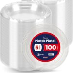 Munfix 6 Inch Clear Plastic Plates 100 Bulk Pack - Disposable Cake Plates for Dessert & Appetizers, BBQ, Party, Travel and Events, Microwavable Recyclable