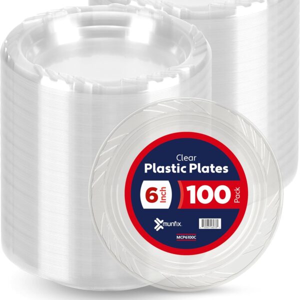 Munfix 6 Inch Clear Plastic Plates 100 Bulk Pack - Disposable Cake Plates for Dessert & Appetizers, BBQ, Party, Travel and Events, Microwavable Recyclable