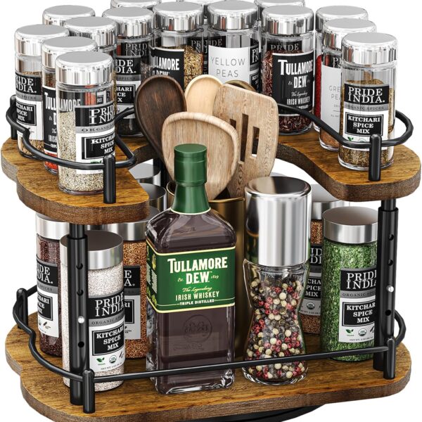 Lazy Susan Organizer Spice Rack - Spice Organization for Cabinet Height Adjustable Rotating Lazy Turntable, Pantry Kitchen Wood Revolving Seasoning Organizer (Vintage, 12 Inch)