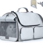 FUKUMARU Cat Carrier, Soft-Sided Small Dog Carrier, Large Cat Travel Bag with 4 Mesh Windows, Under 15 lb Airline Approved Pet Carrier with 4 Storage Pockets, Rollable Cover for Nervous Cats, Grey