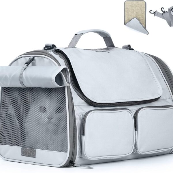 FUKUMARU Cat Carrier, Soft-Sided Small Dog Carrier, Large Cat Travel Bag with 4 Mesh Windows, Under 15 lb Airline Approved Pet Carrier with 4 Storage Pockets, Rollable Cover for Nervous Cats, Grey