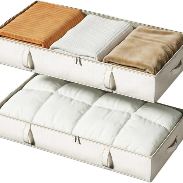 Vailando Side-Supported Under Bed Storage Containers, 6 Inches Tall 60L Underbed Storage Bins with Sturdy Handles and Sidewalls, Closet Organizer for Clothes, Blankets, Seasonal Items, Beige, 2-Pack