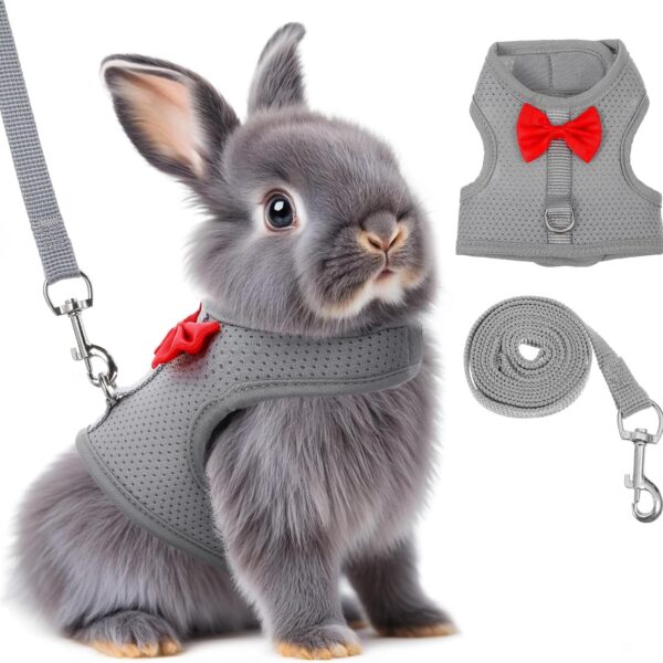 Bunny Harness and Leash Set, Soft Breathable Mesh Rabbit Leash Vest with Safety Buckles, Lightweight Escape-Proof Walking Gear for Rabbits, Kittens, Ferrets, Guinea Pigs, Grey M