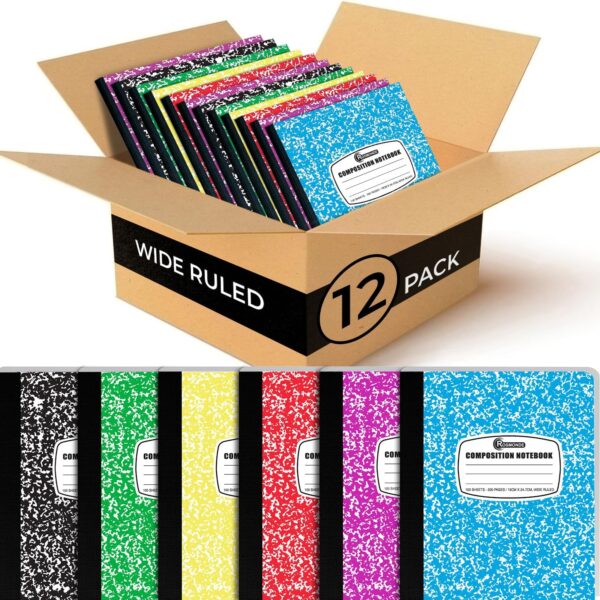 Rosmonde 12 Pack Bulk Composition Notebook Wide Ruled, 200 Pages (100 Sheets), 9-3/4 x 7-1/2", Hard Cover Wide Ruled Notebook Bulk, Assorted Colors Composition Notebook For School, Colors May Repeat