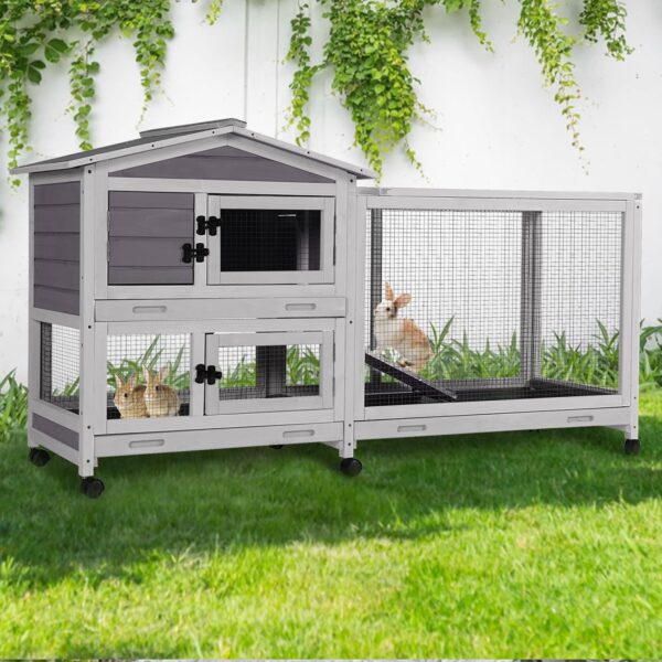 GUTINNEEN Rabbit Hutch Indoor with Chew-Proof Ramp, 62" L Wooden Rabbit Cage with 6 Casters, Bunny Cage with 2 Trays and 2 Story for Small to Medium Animals (Gray)