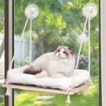 MCEAST Cat Window Perch with Cushion Bed Fluffy Blanket 4 Strong Suction Cups Hanging Window Shelf Easy to Install Solid Window Hammock for Small Medium Indoor Cats, Natural Wood Color