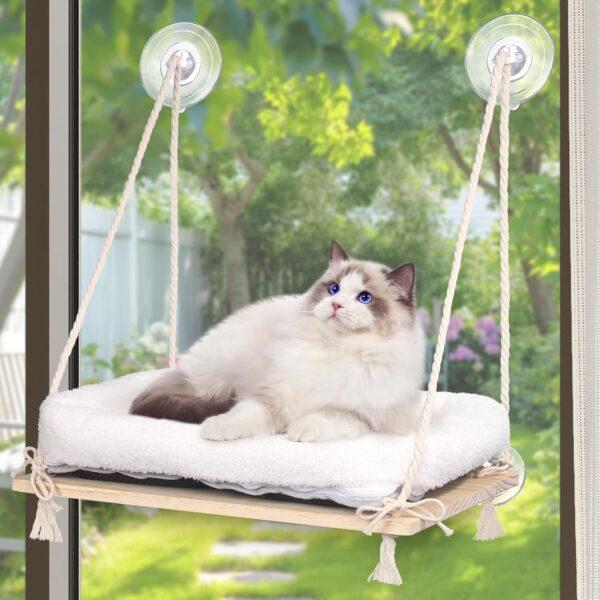 MCEAST Cat Window Perch with Cushion Bed Fluffy Blanket 4 Strong Suction Cups Hanging Window Shelf Easy to Install Solid Window Hammock for Small Medium Indoor Cats, Natural Wood Color