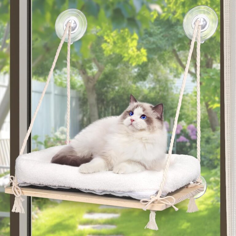 MCEAST Cat Window Perch with Cushion Bed Fluffy Blanket 4 Strong Suction Cups Hanging Window Shelf Easy to Install Solid Window Hammock for Small Medium Indoor Cats, Natural Wood Color