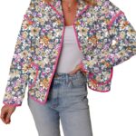 Dokotoo Warm Quilted Jackets for Women Long Sleeve Floral Print Button Down Puffer Jacket Coats with Pockets