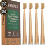 PRIMALS Boar Bristle & Bamboo Toothbrush (4-Pack) - Premium Boar Bristles - Fully Biodegradable - Plastic & Nylon Free - Quick Dry Design
