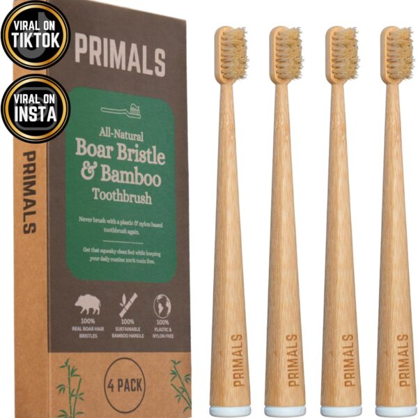 PRIMALS Boar Bristle & Bamboo Toothbrush (4-Pack) - Premium Boar Bristles - Fully Biodegradable - Plastic & Nylon Free - Quick Dry Design