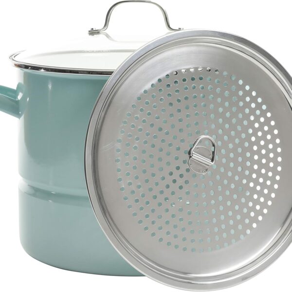 Kenmore Broadway 16-Quart Stock Pot With Steamer Insert and Lid, Glacier Blue, Large Stainless Steel Cookware for Boiling, Steaming, and Soups