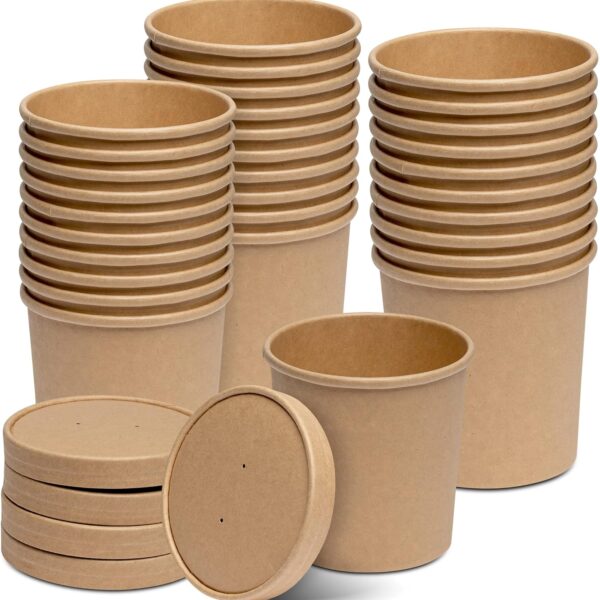 GUSTO [16 oz. - 25 Count Kraft Paper Food Containers with Vented Lids - To Go Hot Soup Bowls, Disposable Ice Cream Cups, Ideal for Hot and Cold Foods - (Formerly Comfy Package)