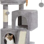 PAWZ Road Cat Tree, 30 Inches Cat Tower with Dual Condos for Indoor Cats, Plush Cat House with Padded Perch, Scratching Ramp and Posts and Replaceable Balls-Gray