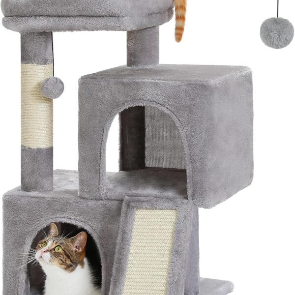 PAWZ Road Cat Tree, 30 Inches Cat Tower with Dual Condos for Indoor Cats, Plush Cat House with Padded Perch, Scratching Ramp and Posts and Replaceable Balls-Gray