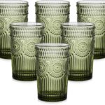 ZMOWIPDL Vintage Glassware Drinking Glasses Set of 6,13 oz Green Textured Flower Design Glass Water TumblersEmbossed Striped Drinkware for Water,Cocktails,Juice,Iced Coffee