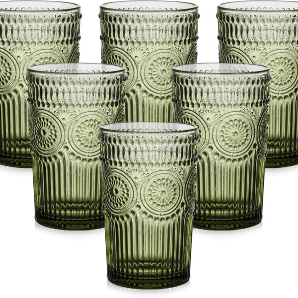 ZMOWIPDL Vintage Glassware Drinking Glasses Set of 6,13 oz Green Textured Flower Design Glass Water TumblersEmbossed Striped Drinkware for Water,Cocktails,Juice,Iced Coffee