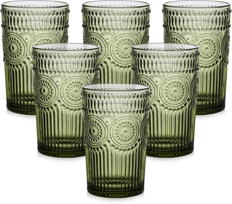 ZMOWIPDL Vintage Glassware Drinking Glasses Set of 6,13 oz Green Textured Flower Design Glass Water TumblersEmbossed Striped Drinkware for Water,Cocktails,Juice,Iced Coffee