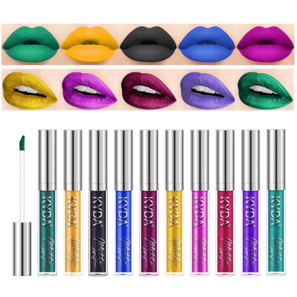 KYDA 10 Colors Lipstick Set, Green Lipstick Metallic Lipstick Set, Non-Stick Cup Long Wear Lip Glaze, High Pigmented Lipstick Cosmetic Gift Kit for Glossy and Full Matte Lip Gloss