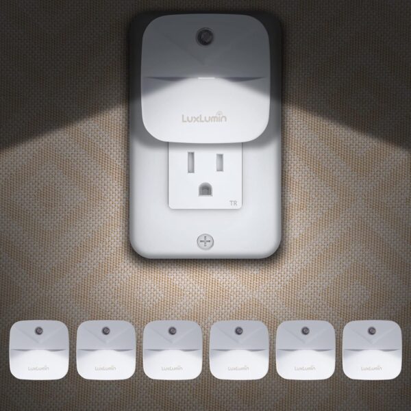 LuxLumin LED Night Lights Plug into Wall with Dusk-to-Dawn Sensor, Automatically Turn on and Off,Night Light for Kids,Bedroom,Bathroom,Stairs, White, 6 Packs