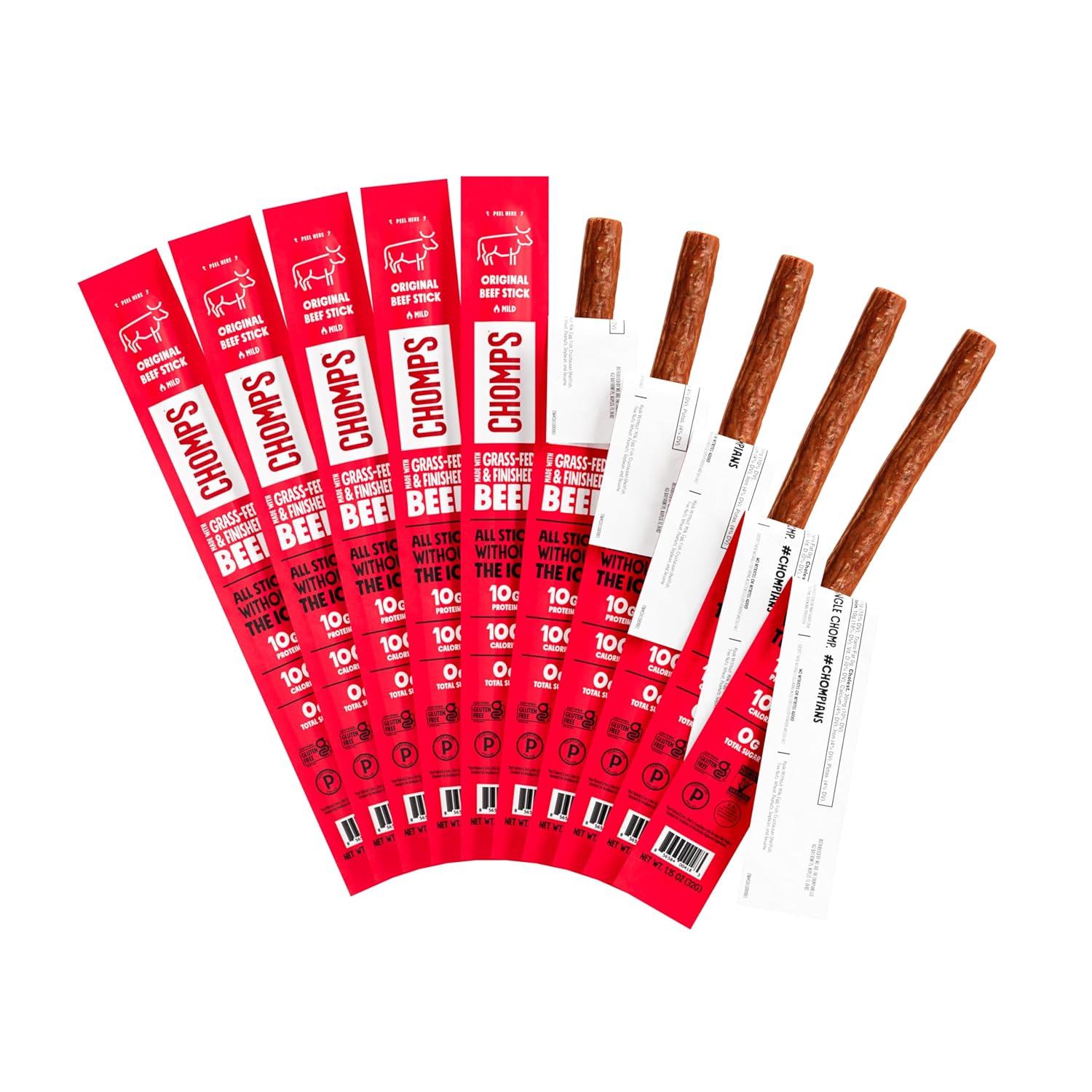Chomps Grass-Fed and Finished Original Beef Jerky Snack Sticks 10-Pack - Keto, Paleo, Whole30, 10g Lean Meat Protein, Gluten-Free, Zero Sugar Food, Non-GMO Chomps Grass-Fed and Finished Original Beef Jerky Snack Sticks 10-Pack - Keto, Paleo, Whole30, 10g Lean Meat Protein, Gluten-Free, Zero Sugar Food, Non-GMO