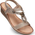 SHIBEVER Womens Wedge Sandals Flower Low Heel Dressy Sandals Elastic Ankle Strap Rhinestone Summer Comfortable Shoes
