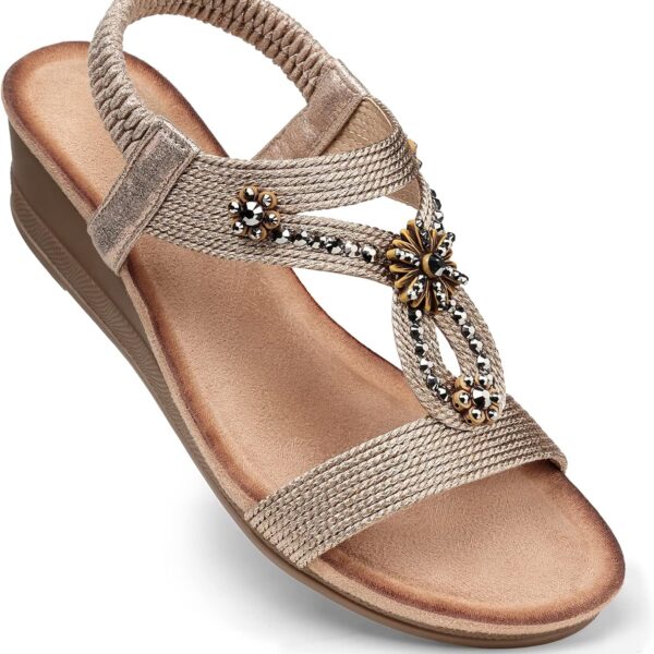 SHIBEVER Womens Wedge Sandals Flower Low Heel Dressy Sandals Elastic Ankle Strap Rhinestone Summer Comfortable Shoes