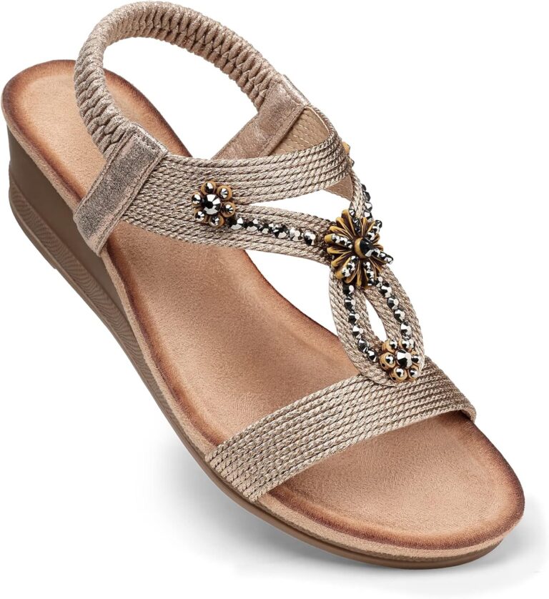 SHIBEVER Womens Wedge Sandals Flower Low Heel Dressy Sandals Elastic Ankle Strap Rhinestone Summer Comfortable Shoes