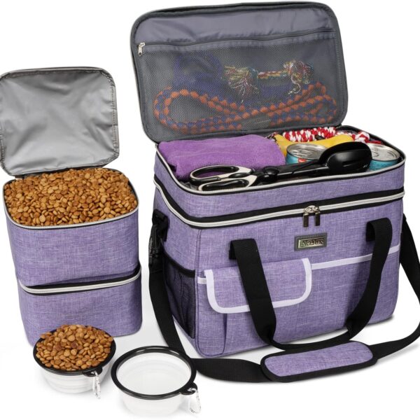 BAGLHER Dog Travel Bag for Supplies - Double-Layer Airline Approved Weekend Pet Travel Organizer Set for Dog and Cat Tote with 2 Pet Food Containers and 2 Collapsible Silicone Bowls Purple