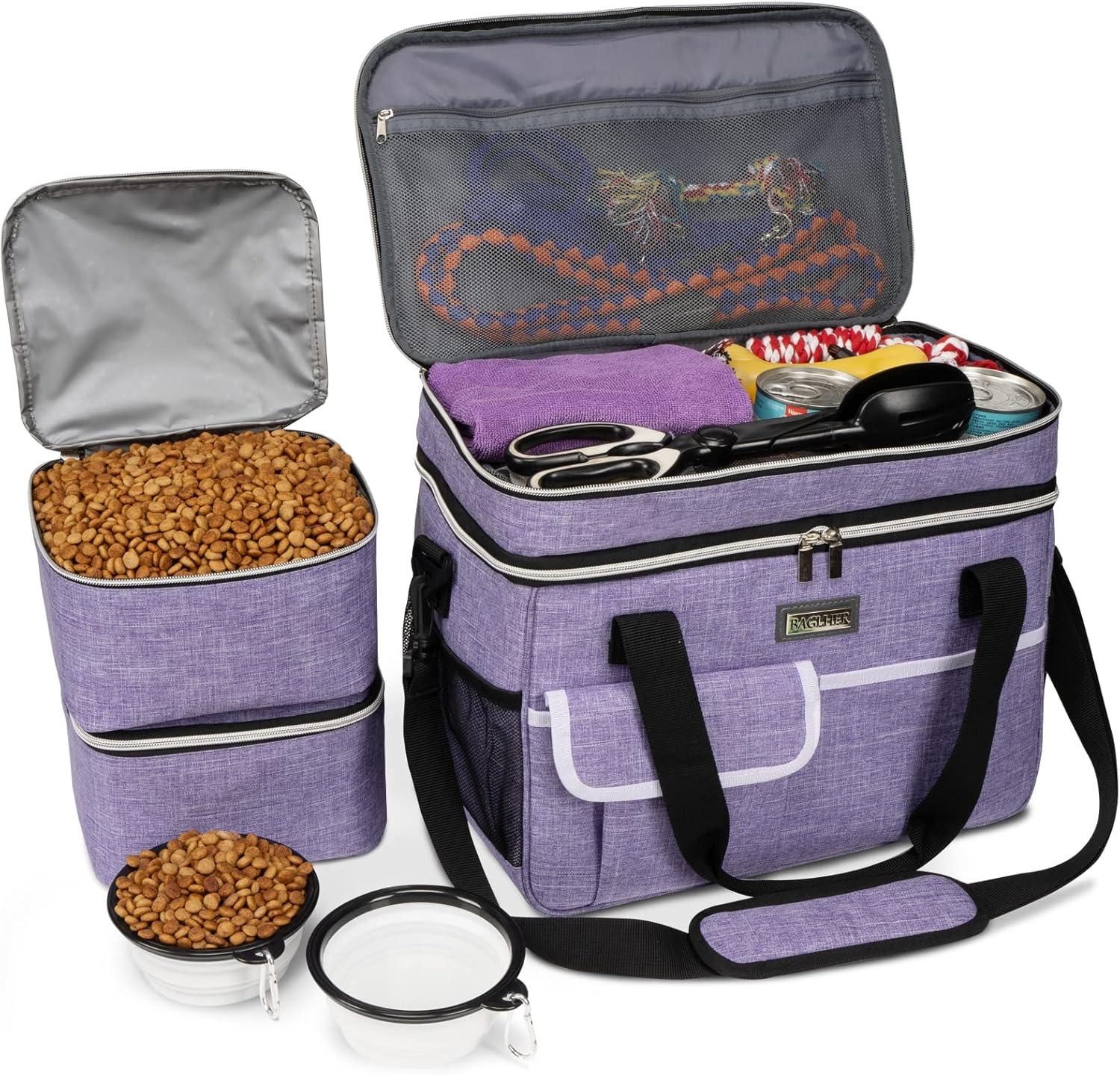 BAGLHER Dog Travel Bag for Supplies - Double-Layer Airline Approved Weekend Pet Travel Organizer Set for Dog and Cat Tote with 2 Pet Food Containers and 2 Collapsible Silicone Bowls Purple BAGLHER Dog Travel Bag for Supplies - Double-Layer Airline Approved Weekend Pet Travel Organizer Set for Dog and Cat Tote with 2 Pet Food Containers and 2 Collapsible Silicone Bowls Purple