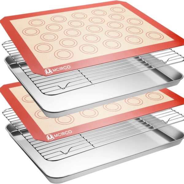 Stainless Steel Baking Sheet Tray Cooling Rack with Silicone Baking Mat Set, Cookie Pan with Cooling Rack, Set of 6 (2 Sheets + 2 Racks + 2 Mats), Size 16 x 12 x 1 Inch, Easy Clean