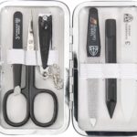3 Swords Germany - Brand Quality 6 piece Manicure Pedicure Grooming kit Set - Scissors, Metal and Glass Nail File, Clipper, Tweezers with Synthetic Leather case - White/Black Tools
