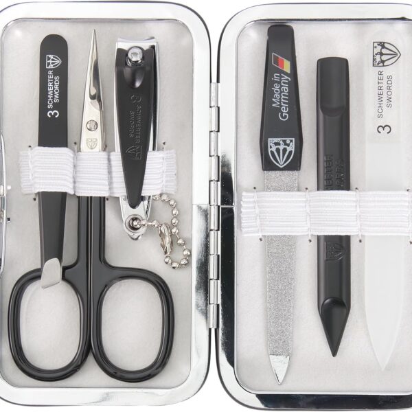 3 Swords Germany - Brand Quality 6 piece Manicure Pedicure Grooming kit Set - Scissors, Metal and Glass Nail File, Clipper, Tweezers with Synthetic Leather case - White/Black Tools