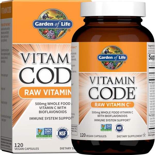 Garden of Life Vitamin Code Raw Vitamin C - 120 Capsules, 500mg Whole Food Vitamin C Capsules + Fruit & Veggie Blend & Probiotics, Supplements for Adults, Vegan, Gluten Free