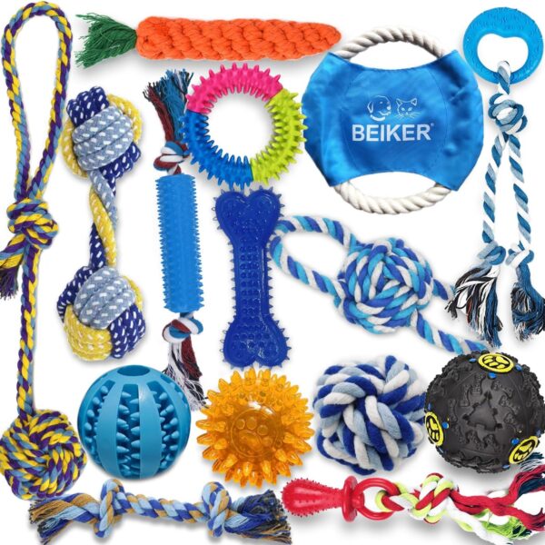 Beiker Dog Teething Chew Toys - 15 Pack Small Medium Breed Puppy Toy, Variety Dogs Rope Chew Toys Bundle for Boredom, Pet Interactive Squeaky Treat Dispensing Ball for Puppies