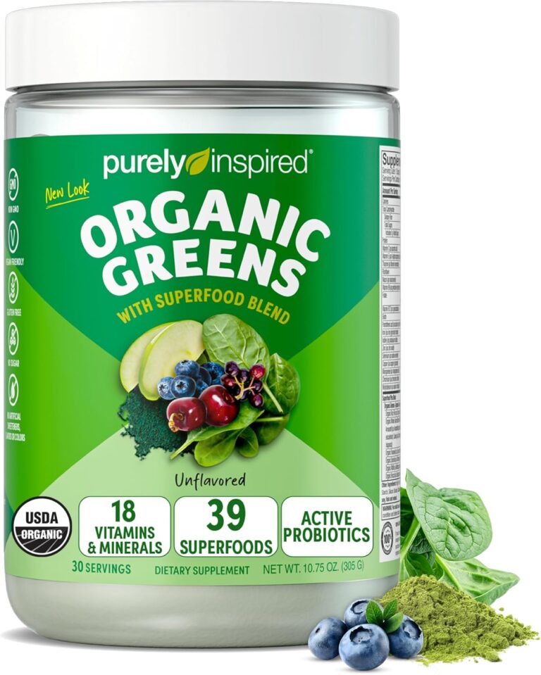 Purely Inspired Organic Greens Powder Superfood Smoothie Mix, Unflavored (30 Servings) - Super Greens with Probiotics, Spirulina & Chlorella for Gut & Digestive Health - Vegan