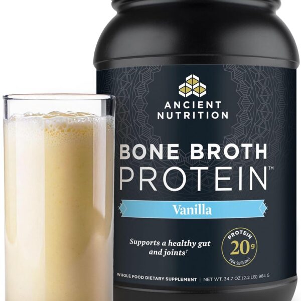 Ancient Nutrition Grass Fed, Bone Broth Protein Powder, 20g Protein, Hydrolyzed Collagen Peptides, Keto & Paleo Friendly, Supports Joint, Gut Health, Vanilla, 40 Servings