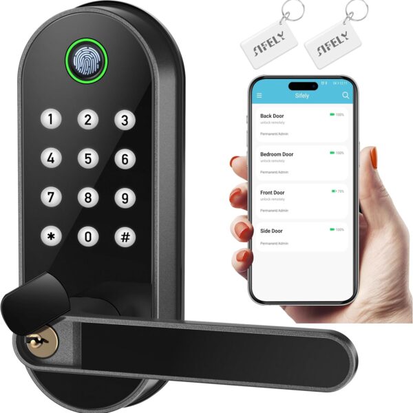 Fingerprint Smart Door Lock with Handle & Keypad  Bluetooth Keyless Entry for Front Door, Home, Kids, Guests, Airbnb & Rental, App + Code Access, Compatible with Alexa & Google, Easy DIY Install