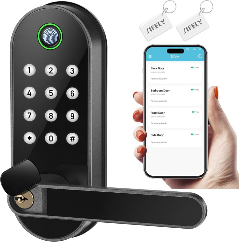 Fingerprint Smart Door Lock with Handle & Keypad  Bluetooth Keyless Entry for Front Door, Home, Kids, Guests, Airbnb & Rental, App + Code Access, Compatible with Alexa & Google, Easy DIY Install